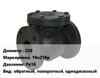 Клапан чугунный 250 19ч21бр Ру16 обратный, поворотный, однодисковый